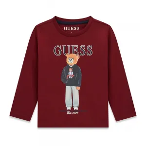 Блуза в цвят бордо за мини момче с цветно мече и тъмносин надпис Guess