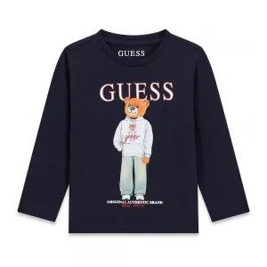 Блуза в цвят тъмносиньо за мини момче с цветно мече и бял надпис Guess