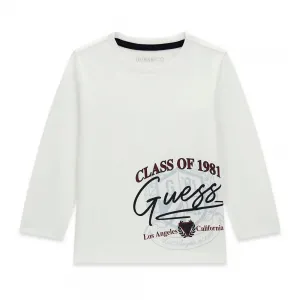 Бяла блуза за мини момче с тъмносин надпис Guess