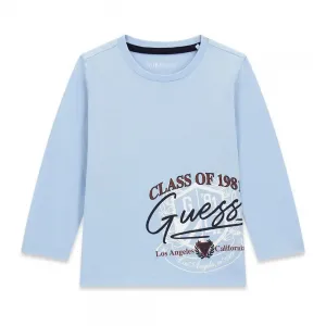 Светлосиня блуза за мини момче с надписи Guess в тъмносиньо и бордо
