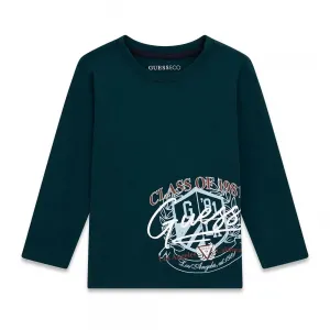 Тъмнозелена блуза за мини момче с надписи Guess в бяло и бордо