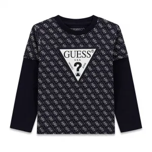 Тъмносиня блуза за мини момче с контрастни лога и тъмносини ръкави Guess