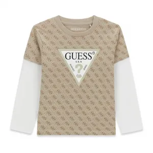 Бежова блуза за мини момче с кафеви лога и бели ръкави Guess