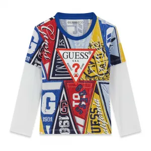 Многоцветна блуза за мини момче с червено лого и бели ръкави Guess
