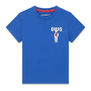 Синя тениска за мини момче с бял надпис Guess и малко мече