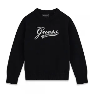 Черен пуловер за мини момче с бял бродиран надпис Guess