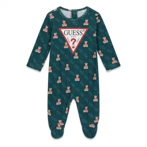 Бебешки памучен гащеризон Guess Bear Monogram – петролено зелен с цялостен принт и голямо лого
