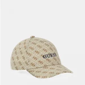 Бежова шапка с козирка за дете с кафеви лога и черен надпис Guess