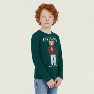 Блуза в цвят зелено за мини момче с цветно мече и бял надпис Guess